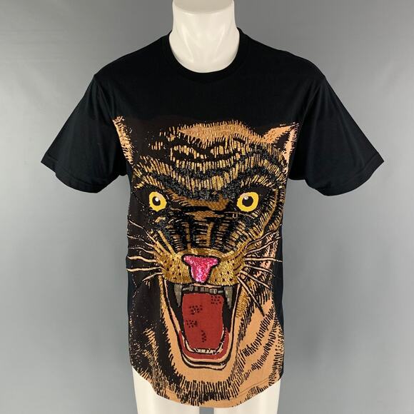 GUCCI Size XXS Black Gold Embroidery Cotton Crew-Neck T-shirt - Picture 1 of 1